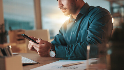 Poster - Business, hands and man with phone in office for checking schedule, research and chat at night. Employee, work break and scroll on smartphone for calendar update, productivity and overtime at desk
