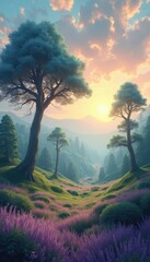 Poster - Multiple trees and lavender flowers at sunset in serene mountains