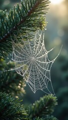 Aufkleber - Spiderweb covered in morning dew in serene forest setting