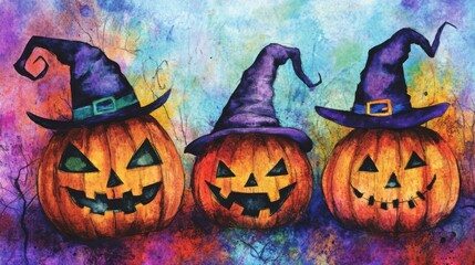 Poster - Three festive pumpkins with witch hats and carved faces