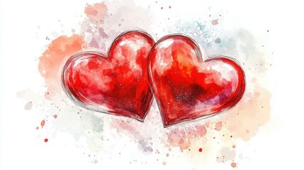 Aufkleber - Two red hearts painted in watercolor style on white background
