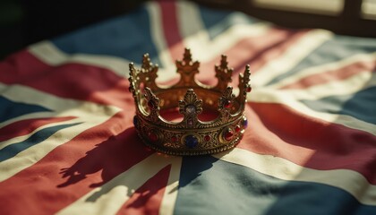 Poster - Regal crown resting on flag near window in daytime setting