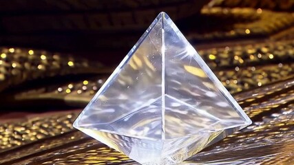 Glass pyramid rotating with light reflections on textured background