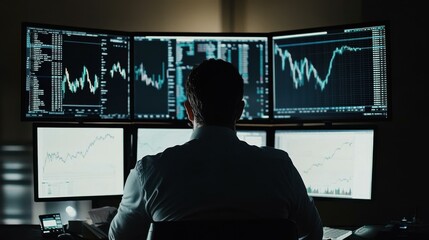 Poster - Male professional analyzing data on multiple computer screens at night
