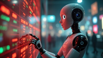 Poster - Robot interacting with digital screen on city street at night