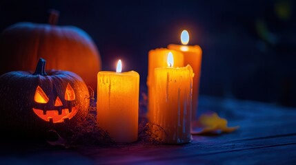 Poster - Carved jack-o'-lanterns with candles on wooden surface at night