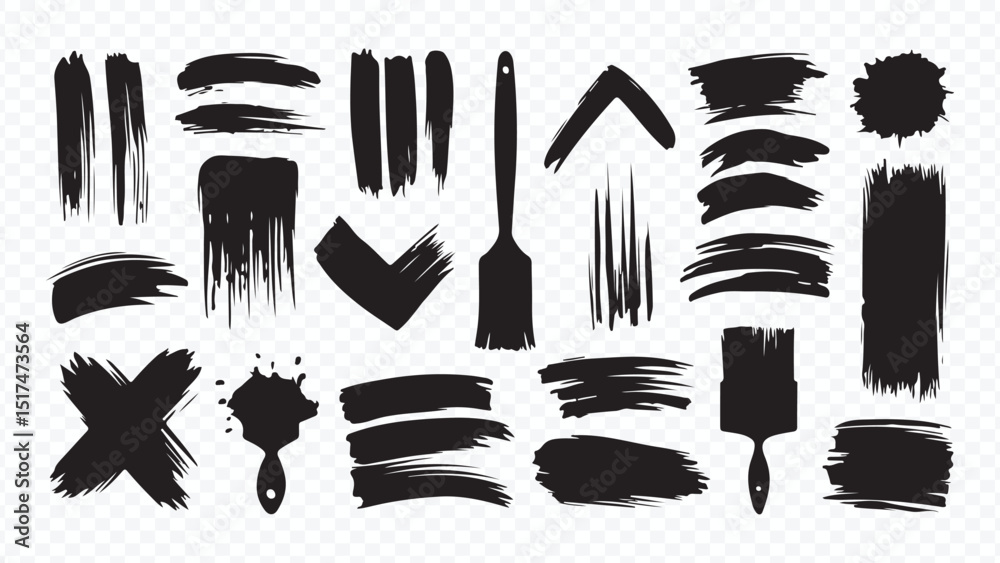 Grunge brush stroke vector set with paint splatter and texture elements ...