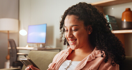 Poster - Home, smile and woman on sofa, cellphone and relax with message to contact, app and chatting. Apartment, mobile user or happy person on couch, smartphone or communication with email or online reading