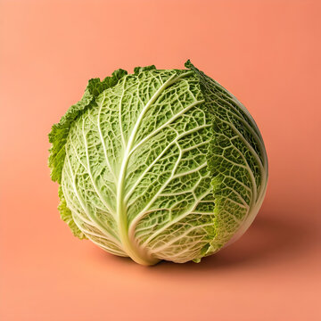 Side profile of a cabbage on a matte peach background.