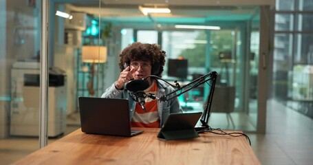 Fototapete - Radio, broadcast and man with mic, talking and live streaming of audio communication and production. Studio, journalist and laptop with headphones for discussion, podcast and digital conversation