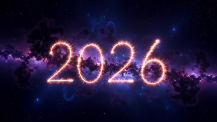 Wall Mural - Stunning Celestial Time-Lapse Captures Stars Aligning to Form Two Thousand Twenty Six Against a Cosmic Nebula