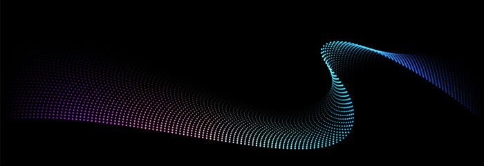 Poster - Flowing dot particles wave pattern colorful spectrum light gradient smooth curve shape isolated on black background. Vector in concept of technology, science, music, modern