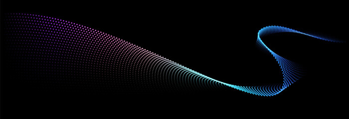 Aufkleber - Flowing dot particles wave pattern colorful spectrum light gradient smooth curve shape isolated on black background. Vector in concept of technology, science, music, modern