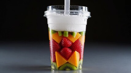Poster - Fresh fruit smoothie with kiwi, mango, strawberry, and foam in clear plastic cup, vibrant healthy snack, colorful and appetizing