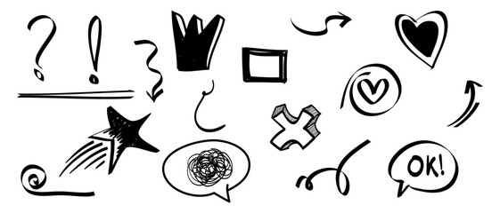 Poster - Hand drawn set of doodle design elements. Crown, arrow, curly swishes, exclamation, star, hearts. used for infographic concept design