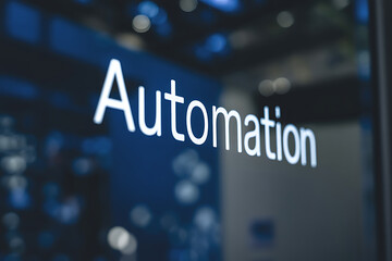 automation technology displayed on a digital sign in a blurred professional corporate background