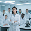 © dubogray1985 - A confident young female scientist stands at the forefront of a professional research team in a modern laboratory.