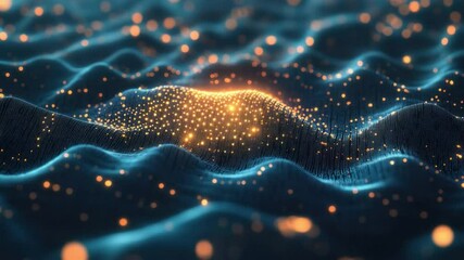 Poster - Digital Waveform Visualization: An abstract and futuristic representation of data processing, with a focus on the interconnectedness of information within a digital network.