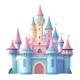 Pastel pink and blue fairytale castle whimsical towers spires dreamland