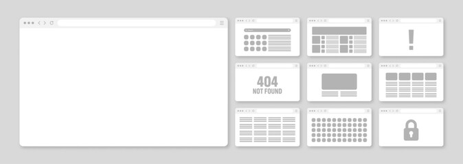 Fototapete - Web browser window, pages layout with toolbar and search field. Modern website, internet page in flat style. Browser mockup for computer, tablet and smartphone. Adaptive UI. Vector illustration