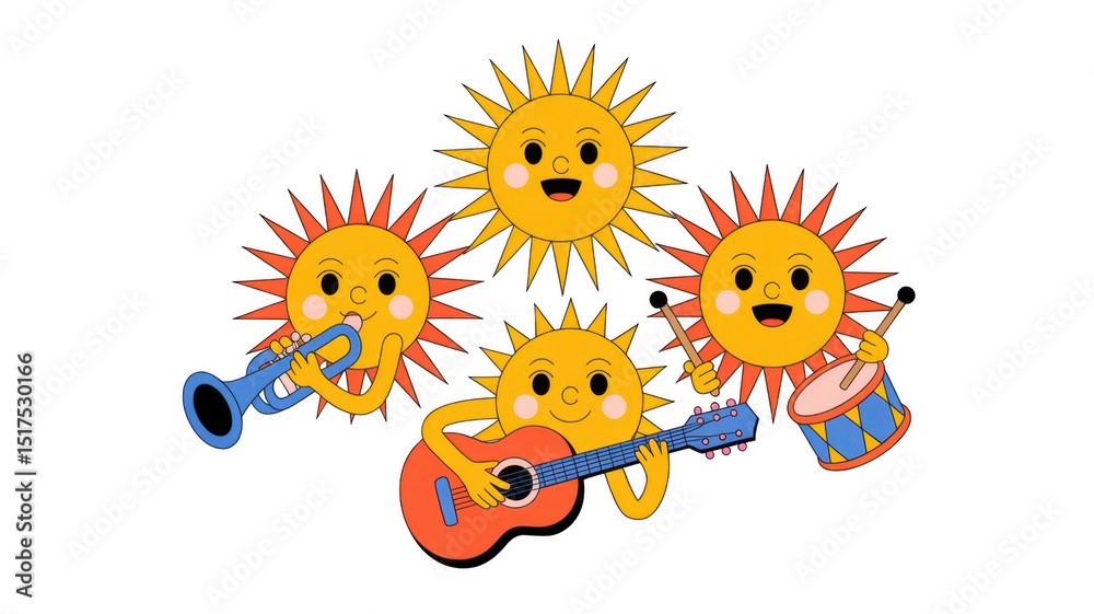 Sun Musical Instruments Four cheerful suns are playing musical instruments, including trumpet ...
