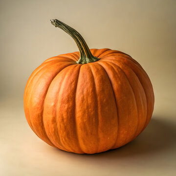 Whole round orange pumpkin on a matte cream background.