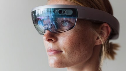 Poster - Woman Wearing Modern Futuristic Smart Glasses Innovative Technology Augmented Reality Device Digital Vision Future Vision Glasses  High Tech Head Mounted Display Data Trend Style  