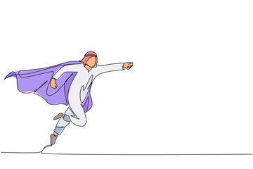 Poster - Single continuous line drawing super Arabian businessman punches pose, employee superhero flying, business concept power, success and overcome difficulties. One line graphic design vector illustration