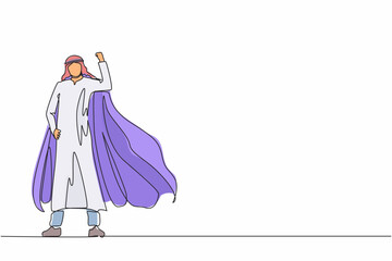 Poster - Single one line drawing superhero strong showing muscle. Superhero officer in action. Arabian businessman character superhero. Office employees. Continuous line draw design graphic vector illustration