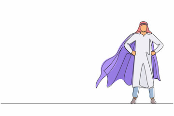 Poster - Continuous one line drawing Arab businessman wearing superhero cloak. Full length of businessman dressed as superhero. Successful businessman superhero. Single line design vector graphic illustration