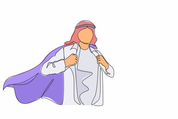 Poster - Single continuous line drawing handsome young man in business Arabic clothes with shirt. Successful Arabian businessman. Hero, ripping off his shirt. One line draw graphic design vector illustration