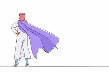 Poster - Continuous one line drawing back view confident Arabian businessman standing with cape. Successful super hero entrepreneur. Leadership, achievement, and career. Single line draw design vector graphic