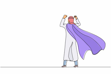 Poster - Continuous one line drawing back view super Arabian businessman. Young man in strong base pose. Success and victory in business. Superhero in cloak. Single line draw design vector graphic illustration