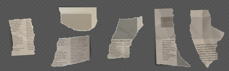 Poster - Torn newspaper fragments, ripped paper scraps with text. Crumpled news clipping pieces, shredded old page remnants. Damaged sheets from book or journal. Grunge collage or scrapbooking design element.