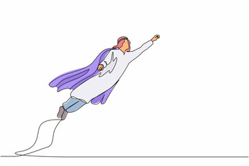 Poster - Continuous one line drawing super Arabian businessman raised fist and flying in the air. Concept superhero of business, financial, growth, career. Single line draw design vector graphic illustration