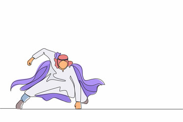 Poster - Single continuous line drawing Arab businessman with superhero mantle in landing powerful action. Office worker ready to fight for career achievement. One line draw graphic design vector illustration