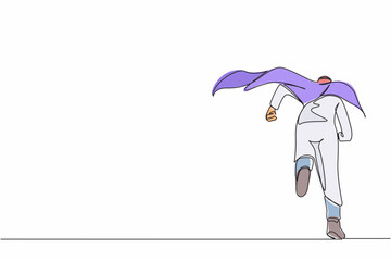 Poster - continuous one line drawing back view businessman superhero running to office. powerful arabian busi