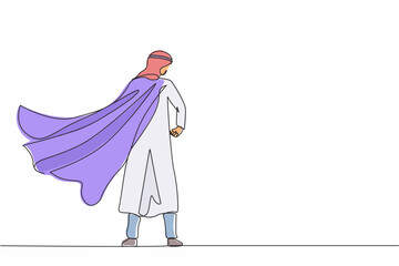 Poster - Single continuous line drawing superhero in cloak flutters in the wind. Stands with his back. Successful Arabian businessman hero. Business success, leadership, victory. One line graphic design vector
