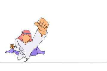 Poster - Single one line drawing superhero Arabian businessman wearing cape. Manager leader flying up with stretched arm clenched fist. Super businessman fly forward. Continuous line draw design graphic vector