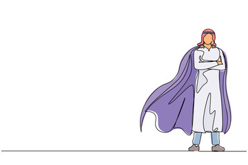 Poster - Single one line drawing determined Arabian businessman or office worker super hero in cloak. The concept of leadership and strength in business. Continuous line draw design graphic vector illustration