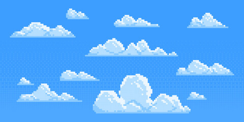 Poster - Pixel clouds set for game background - fluffy cumulus cloudscape in 8 bit style. Cartoon sky elements, retro gaming sprites, pixelated aerial landscape assets. Decorative nostalgic pixelart designs.