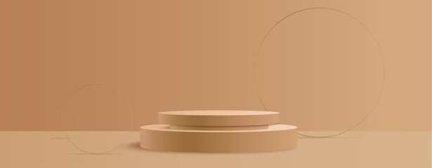 Poster - Beige round podium display on light brown background. Minimal empty platform for product showcase or presentation. Abstract realistic 3d stage with thin rings. Pastel monochrome scene.