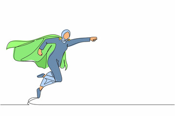 Poster - Single continuous line drawing super Arabian businesswoman punches pose, employee superhero flying, business power, success and overcome difficulties. One line draw graphic design vector illustration