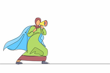 Poster - Continuous one line drawing Arab superhero speaking in megaphone. Superhero in cape, happy businesswoman holding megaphone, successful team leader. Single line draw design vector graphic illustration