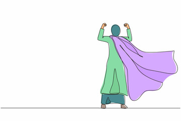 Poster - Single continuous line drawing back view super Arabian businesswoman. Female in strong base pose. Success and victory in business. Superhero in cloak. One line draw graphic design vector illustration