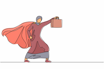 Poster - Continuous one line drawing Arabian businesswoman superhero standing with suitcase. Portrait of young office worker. Office, business, employee. Single line draw design vector graphic illustration