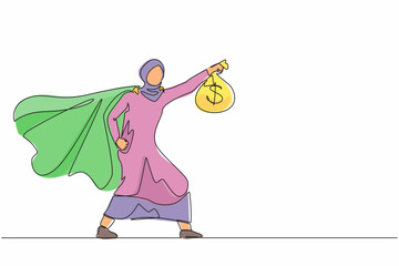 Poster - Continuous one line drawing superhero Arabian businesswoman present symbol of income. Happy employee superhero shows money bag metaphor of income, investment, profit, growth. Single line design vector