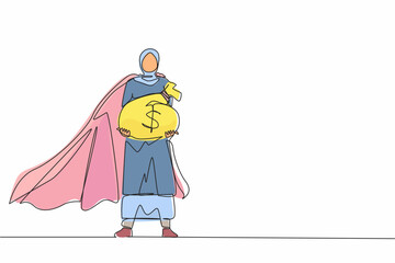 Poster - Single continuous line drawing gigantic profits of financial success. Super Arabic businesswoman hero with bag of money. Business metaphor. Success, career. One line graphic design vector illustration