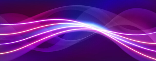 Poster - Abstract neon light waves - glowing curved lines flowing on dark background, vibrant blue, pink and purple colors. Futuristic trail technology style. Energy or sound visualization, music rhythm.