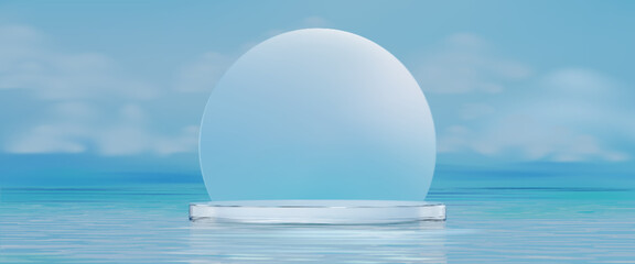 Poster - Glass podium display on water with transparent circular platform floating on calm blue surface. Crystal clear disc reflecting aqua environment. Minimalist product showcase for cosmetic presentation.